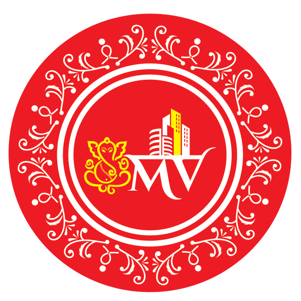 Mangalmurti Vastu Pvt Ltd Alt Text: Mangalmurti Vastu Pvt Ltd official circular red logo featuring a gold Lord Ganesha graphic, white "MV" initials, and modern high-rise building silhouettes.